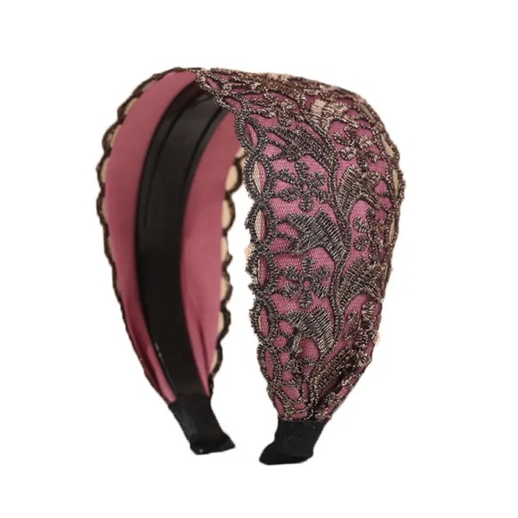 Whimsy_and_Lily Accessories - Gold Shimmering Lace Pink Headband